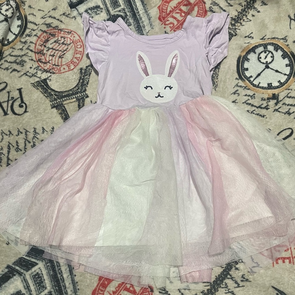 Charming Kids Casual Dress with Bunny Design - Lavender and White